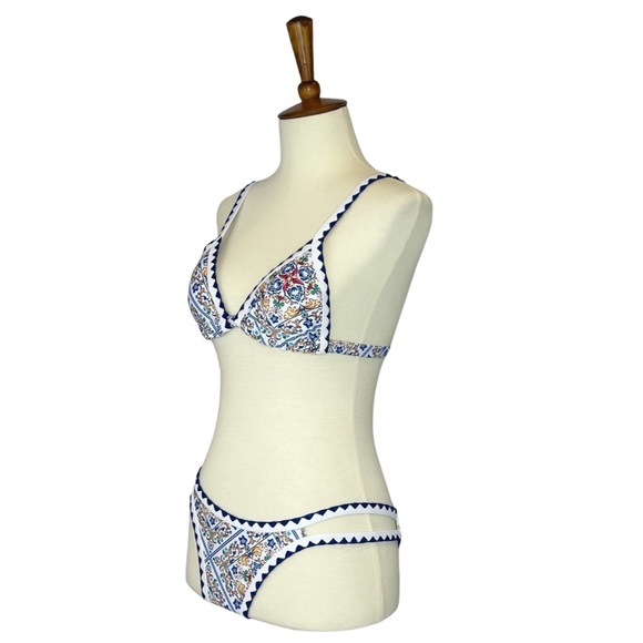 Boho White & Blue Floral Bandage Bikini with Rickrack - Picture 9 of 14